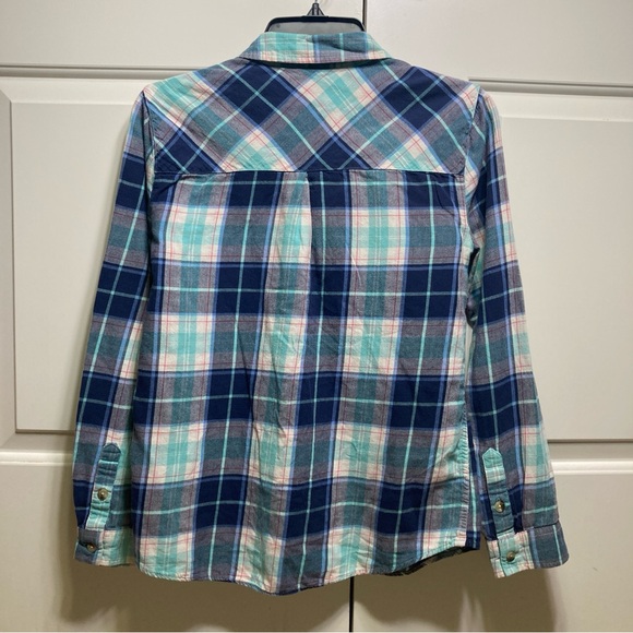 So Brand Women's Flannel Button-Up Shirt Size Medium Turquoise Blue White Plaid - Picture 4 of 7